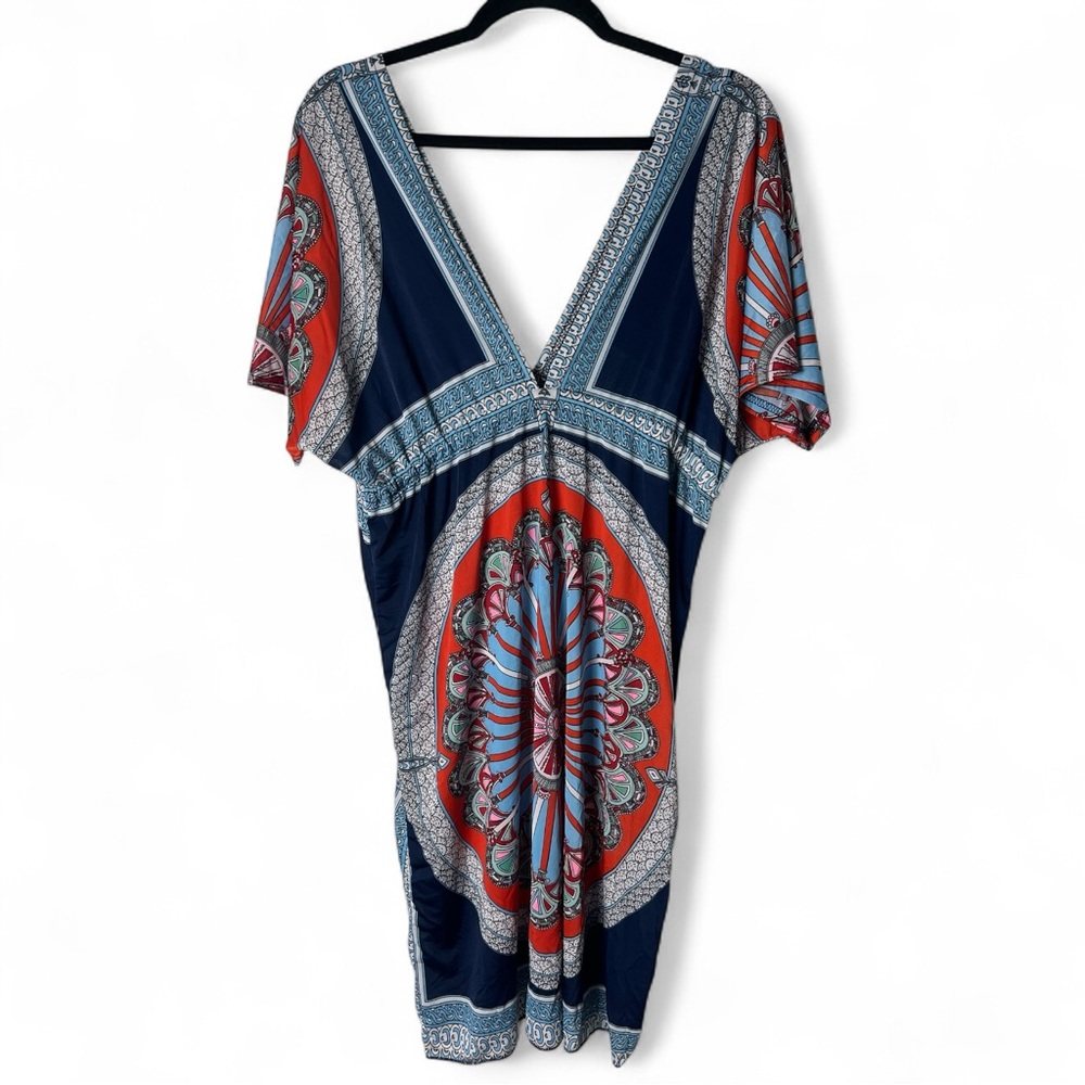 Boho Medallion Print V-Neck Kaftan Dress Navy Multi Retro Sz. M/L (No Tag)